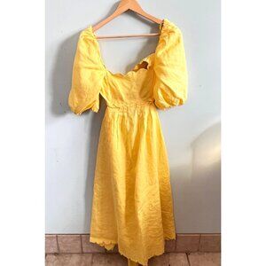 Mable‎ Yellow Midi Dress With Scalloped Neckline & Puff Sleeves - Sz. M